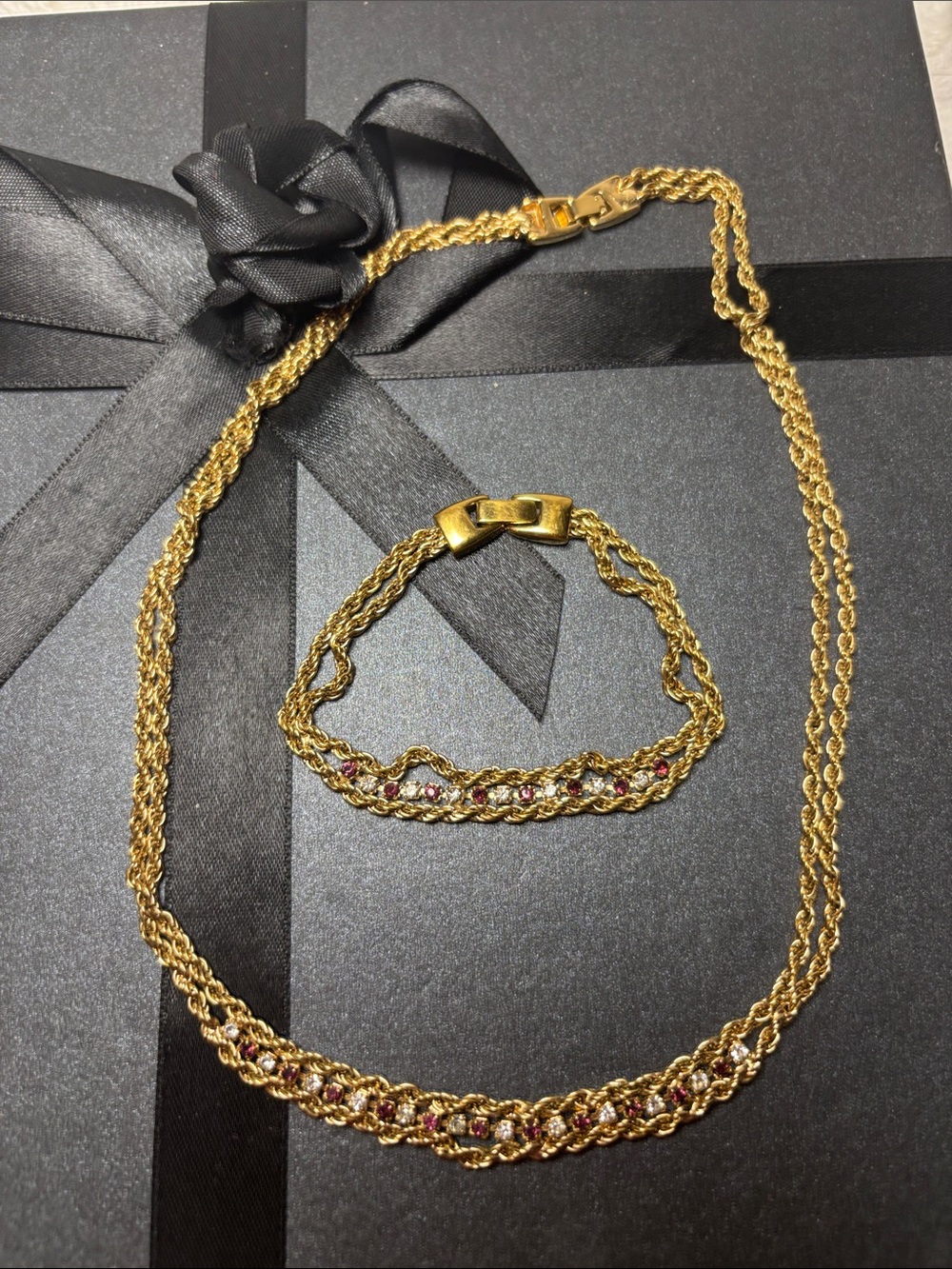 7 3/4” Gold-Tone Braided Chain Bracelet & 18” Necklace with Pink Clear Crystals